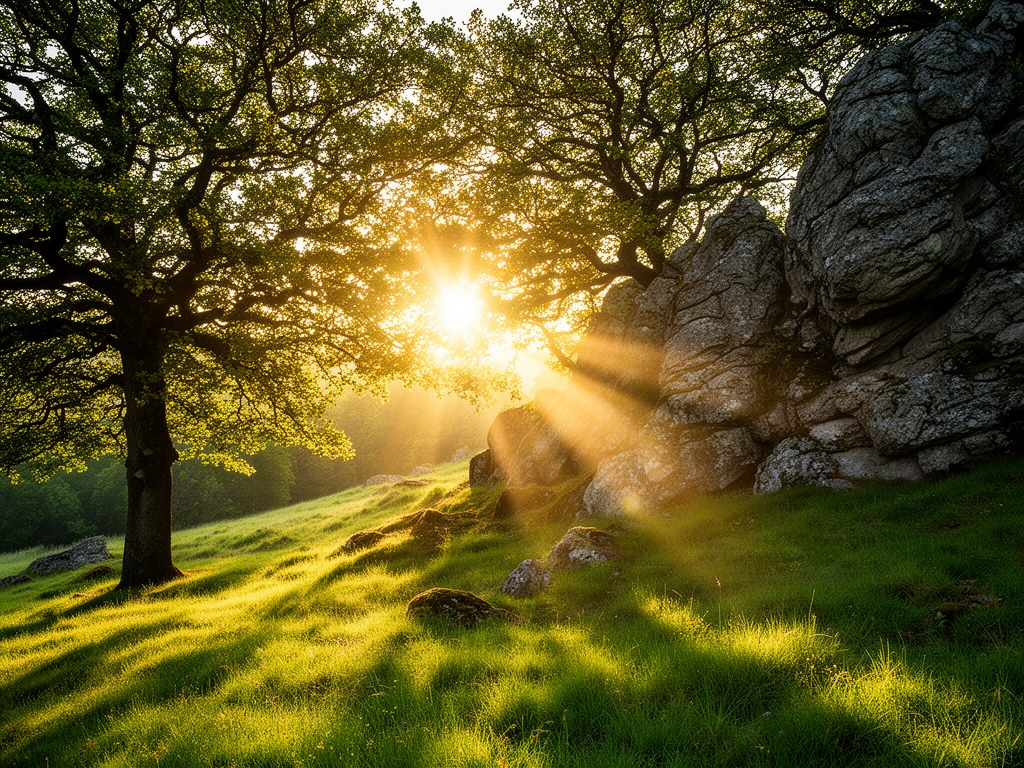 Mirna suma sa suncem koje prolazi kroz gustó krosnje drveca i pada na mahom prekrivene stene i livade — atmosfera mira i prirodne energije