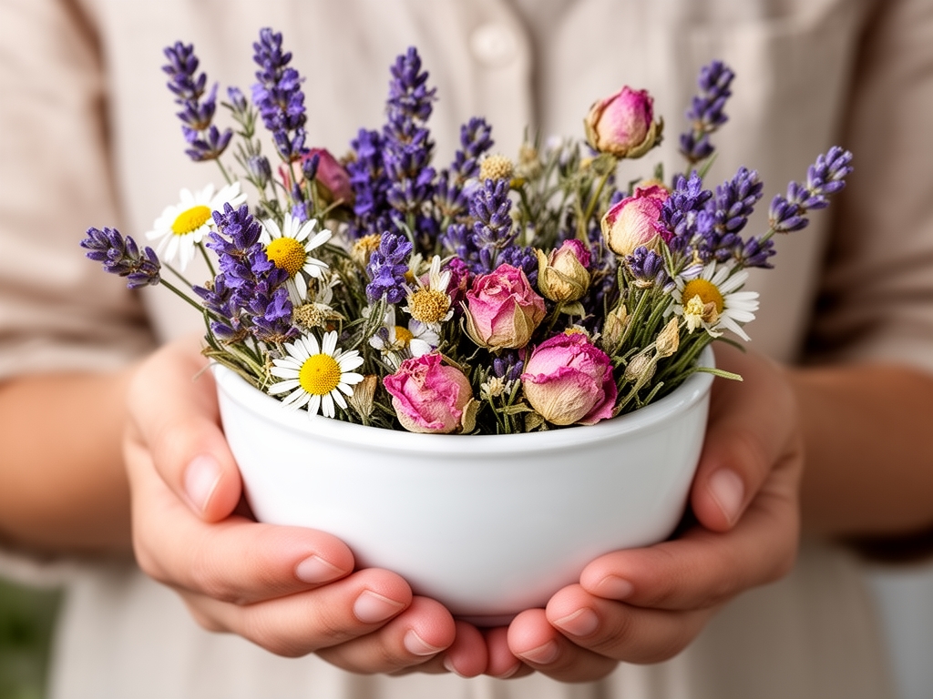 Ruke koje drze malu belu zdjelicu pune raznolikih susenih cvjetova i biljaka — lavanda, kamilica i ruzicni pupoljci — delikatan botaniski aranžman