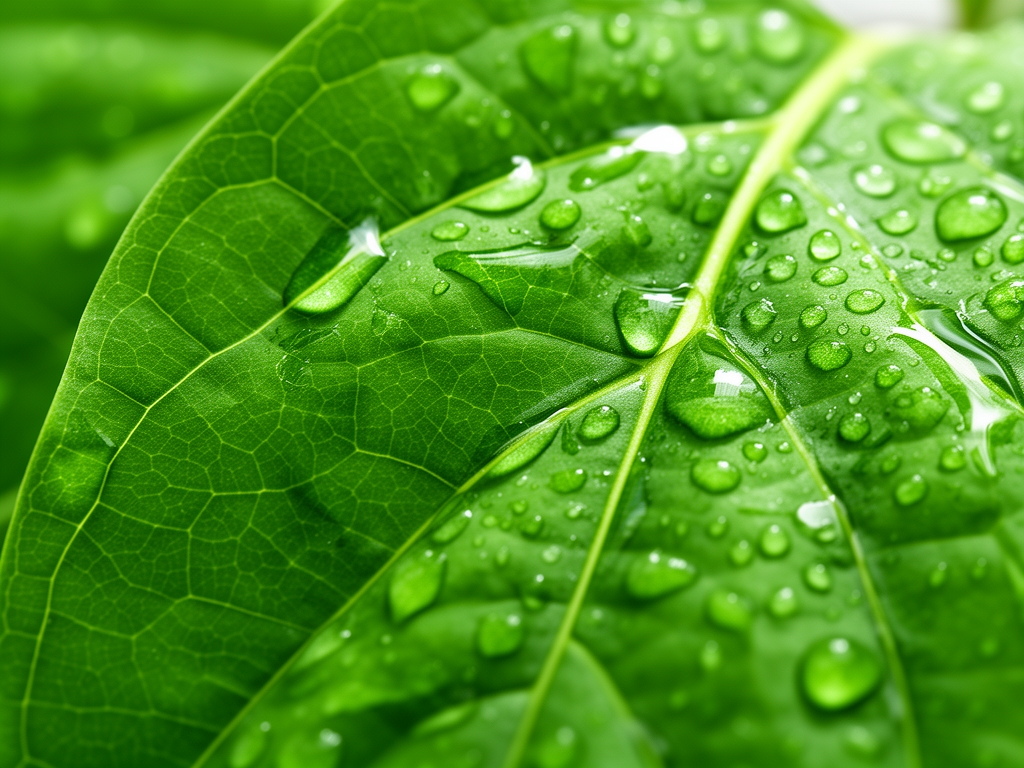 Makro fotografija zelenih listova sa vidljivim zilama i kapljicama vode koje odrazavaju svetlost — detaljna tekstura prirode