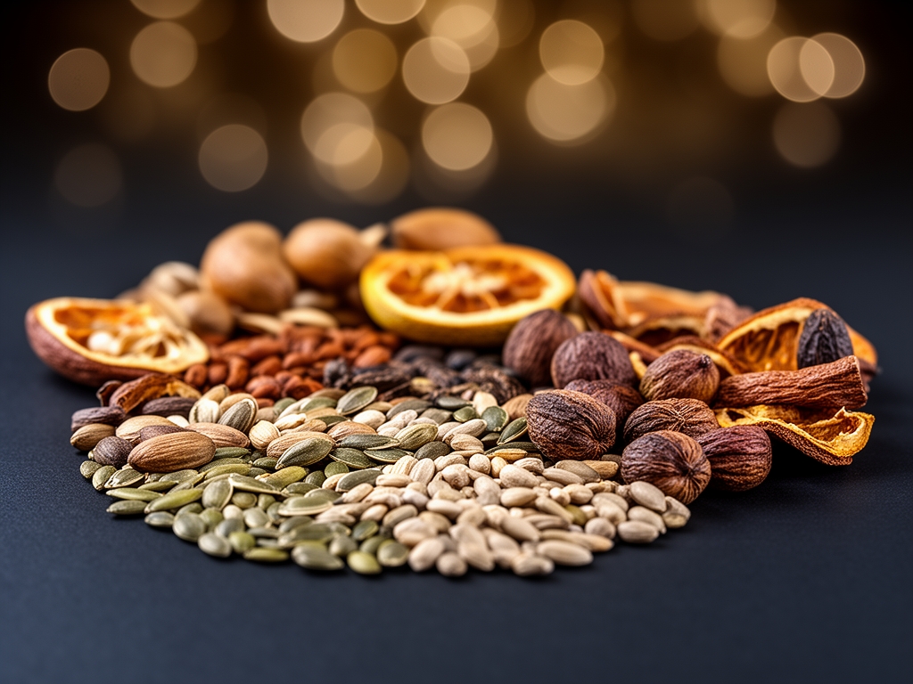 Makro fotografija razlicitih semena, orascica i susenog voca rasporedenih na tamnoj podlozi uz bokeh efekat svetla u pozadini