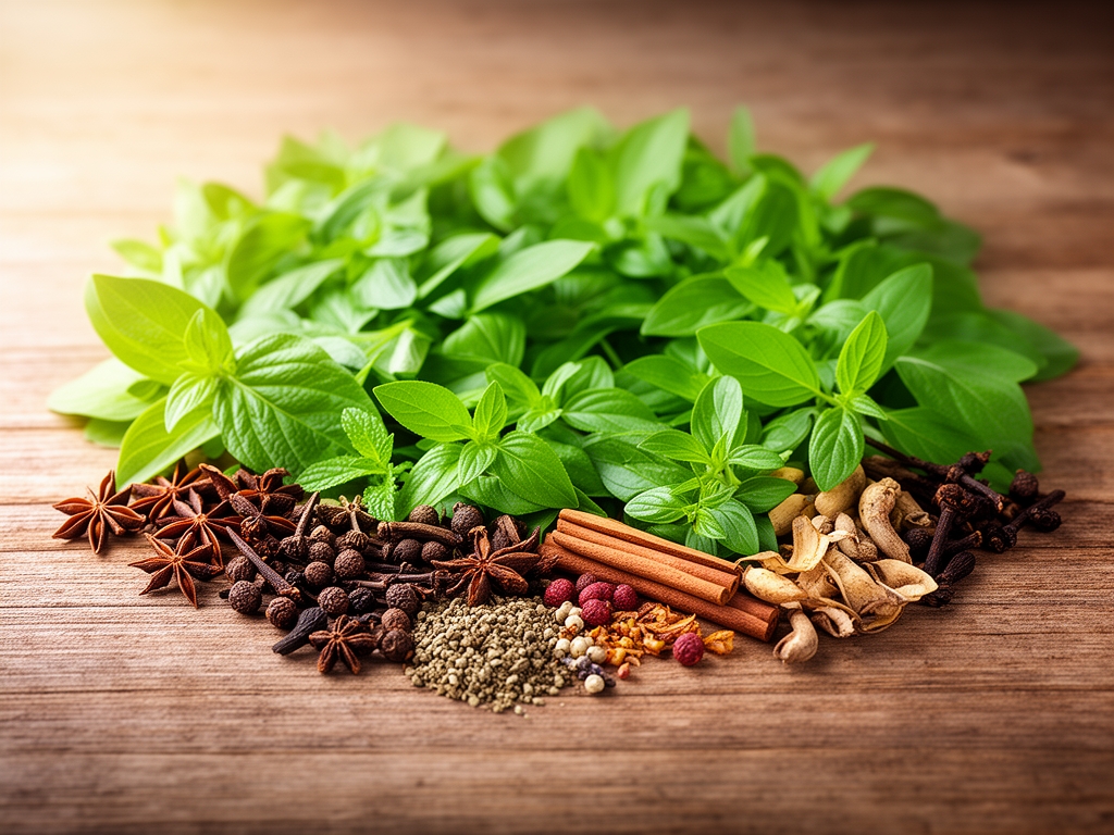 Kolekcija svezih biljnih listova, zacina i naturalnih sastojaka rasporedenih na drvenoj povrsini sa mekim prirodnim svetlom koje naglasava teksture