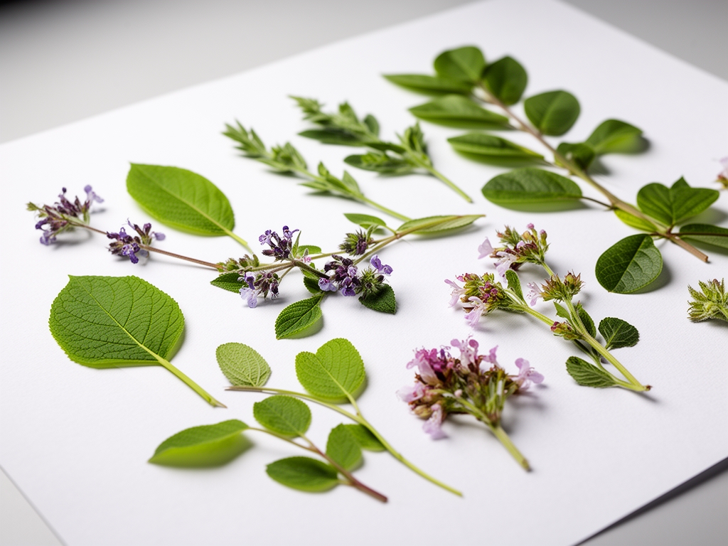 Makro fotografija precizne botanicke ilustracije i uzoraka biljnih listova i cvjetova polozenih na beli istraživacki papir u dobro osvetljenoj studiji