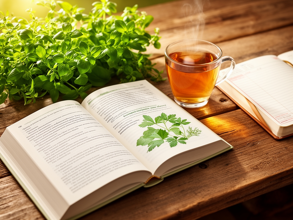 Otvorena knjiga o prirodnom zdravlju na drvenom stolu pored caje u staklenoj casi, svezih biljaka i dnevnicke sveske u toplom vecem svetlu