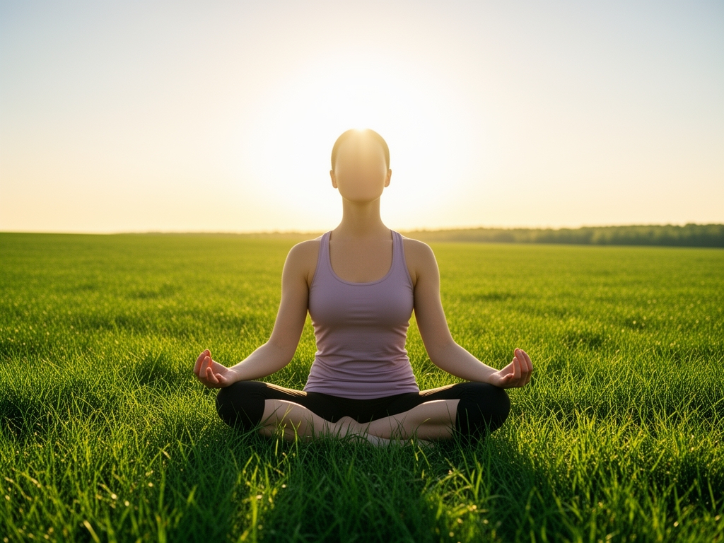 Osoba koja meditira u miru prirode na otvorenom — sedi u yogi pozi na zelenoj travnatoj livadi sa suncem u pozadini bez vidljivog lica