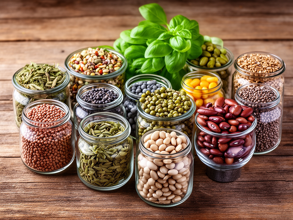 Razlicita semena, orascici i leguminoze u malim staklenim posudama na drvenom stolu — bogati izvori mineralnih materija