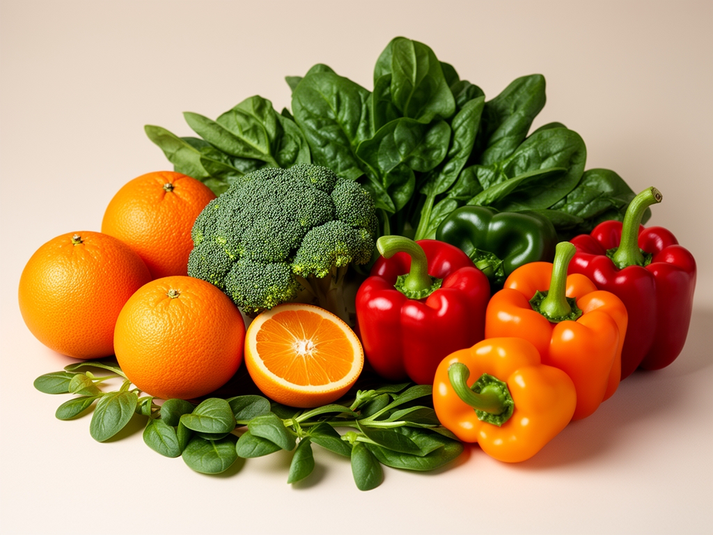 Kolekcija razlicitog svezeg voce i povrca bogatog vitaminima — narandze, brokoli, spanac i paprika — rasporedena na svetloj podlozi